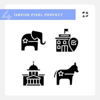 Pixel perfect set of glyph style icons representing voting and political parties, flat design politics and election signs. vector