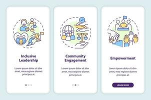 Create inclusive environment onboarding mobile app screen. Walkthrough 3 steps editable graphic instructions with linear concepts. UI, UX, GUI template vector