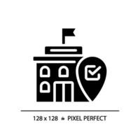 2d píxel Perfecto glifo estilo icono de gobierno edificio con ubicación marcador, aislado vector ilustración.