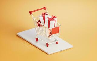 Shopping cart on the mobile phone, 3d rendering. photo