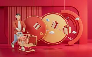 3D charactor pushing the shopping cart, 3d rendering. photo