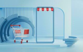 Shopping cart with geometric background, 3d rendering. photo