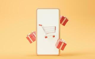 Shopping cart and mobile phone, 3d rendering. photo