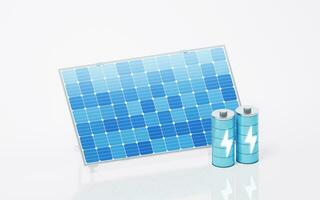 Solar panels and batteries, 3d rendering. photo