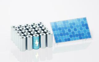 Solar panels and batteries, 3d rendering. photo