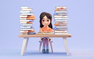 Little girl study hard, learning at desk, 3d rendering. photo