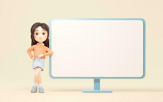 The cartoon girl and computer monitor, 3d rendering. photo