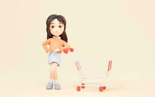 Little girl with shopping theme with cartoon style, 3d rendering. photo