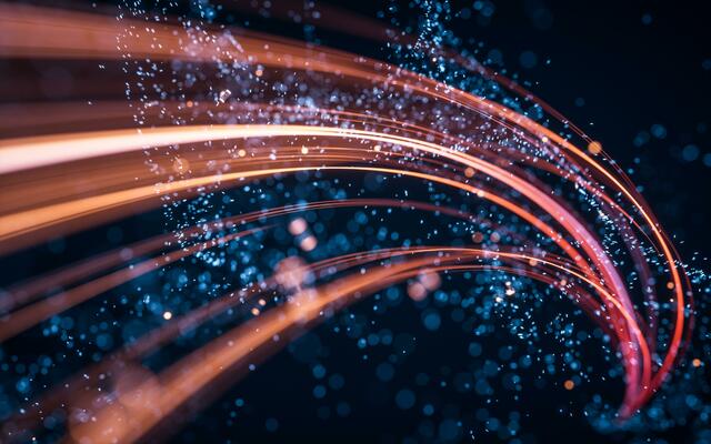 Flowing curve and particles background, 3d rendering.