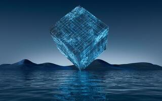 Digital cube and water surface background, 3d rendering. photo