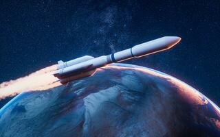 Rocket in the outer space, 3d rendering. photo