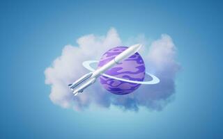 Cartoon style planet and rocket, 3d rendering. photo