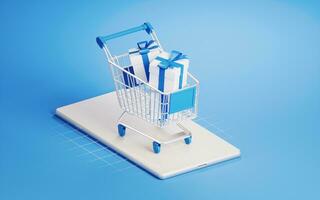 Shopping cart on the mobile phone, 3d rendering. photo