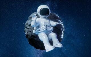 Cartoon spaceman with outer space background, 3d rendering. photo