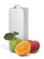 Orangen, Äpfel, Guave, und Box leeren Weiß Obst Saft, transparent Hintergrund png