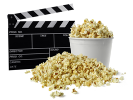 Movie clapperboard and popcorn, transparent background png