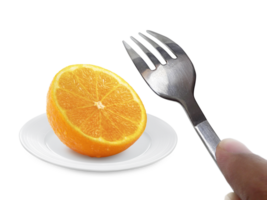 Orange fruit on dish and fork transparent background png