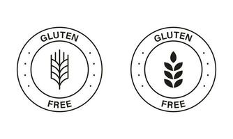 Gluten Free Black Stamp Set. Non Wheat Allergy Label for Restaurant Menu. Organic Food Free Grain Symbol. No Gluten Nutrition Sign. No Gluten Diet Logo. Isolated Vector Illustration.