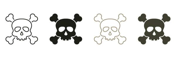 Skull with Crossbones for Celebration Halloween Line and Silhouette Icon Set. Toxic, Danger, Poison Symbol Collection. Skeleton Face with Cross Bones Pictogram. Isolated Vector Illustration.