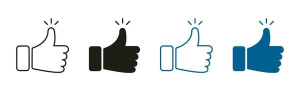 Thumb Up Silhouette and Line Icons Set. Like, Ok, Good Choice Pictogram. Finger Up Black and Color Button for Social Media. Vote Gesture, Approve, Confirm Sign. Isolated Vector Illustration.