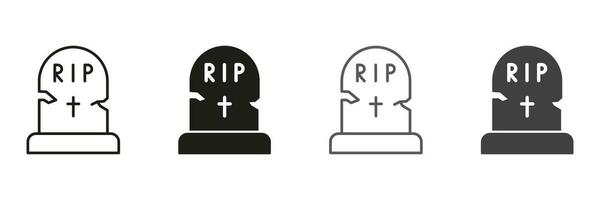 Tombstone on Grave Line and Silhouette Icon Set. Grave with RIP Text for Halloween Party Decorating Pictogram. Headstone, Rest in Peace Symbol Collection. Isolated Vector Illustration.