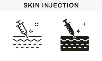 Vaccine, Filler, Hyaluronic Acid, Medical, Dermatology Treatment Symbol Collection. Skin Injection Line and Silhouette Icon Set. Syringe and Structure of Skin Pictogram. Isolated Vector Illustration.