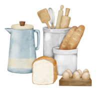 vattenfärg desserter och bageri Produkter och matlagning uppsättning kök redskap dragen vattenfärg illustration isolerat element png