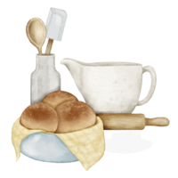 acuarela postres y panadería productos y Cocinando conjunto cocina utensilios dibujado acuarela ilustración aislado elemento png