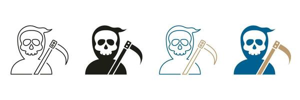 Grim Reaper Halloween Character Line and Silhouette Icon Set. Halloween Costume of Grim Reaper Black and Color Symbols. Scary Human Skeleton in Robe with Scythe. Isolated Vector Illustration.