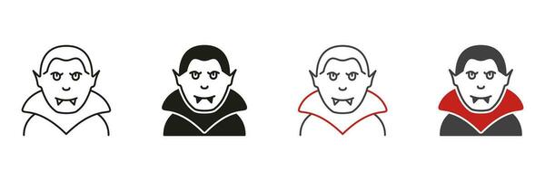 Dracula Line and Silhouette Icon Set. Spooky Dracula, Scary Vamp Portrait. Halloween Costume Black and Color Symbol Collection. Halloween Character Pictogram. Isolated Vector Illustration.