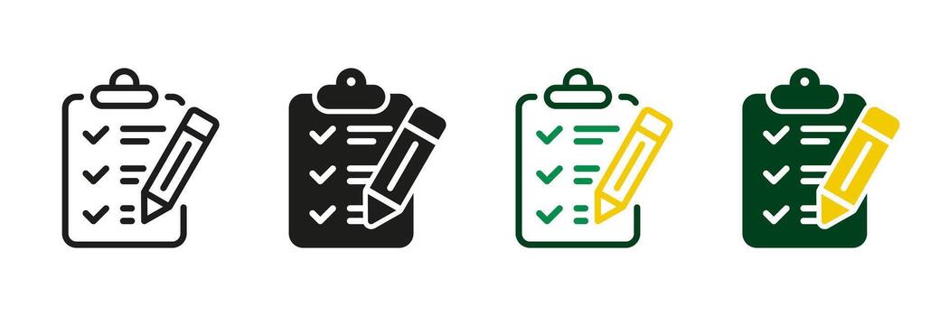 portapapeles con bolígrafo línea y silueta icono colocar. negocio contrato símbolo recopilación. acortar tablero con Lista de Verificación pictograma. firma en solicitud forma. datos informe. aislado vector ilustración.