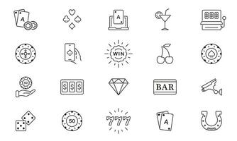 Casino and Poker Line Icon Set. Play Gambling Game Black Outline Sign. Bet Lottery, Jackpot 777 in Vegas Symbol Collection. Betting Poker, Casino, Gamble Game Pictogram. Isolated Vector Illustration.