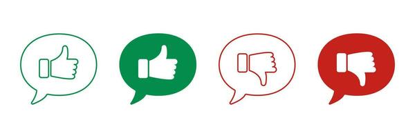 Thumb Up, Thumb Down Line and Silhouette Icon Set. Good and Bad Gestures in Speech Bubble Symbols. Like and Dislike Pictogram. Social Media Color Red and Green Sign. Isolated Vector Illustration.