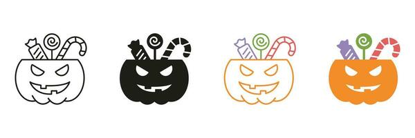 Pumpkin with Candies Line and Silhouette Icon Set. Halloween Basket for Sweet Candy Black and Color Symbol Collection. Treat or Trick Halloween Pumpkin Bucket Pictogram. Isolated Vector Illustration.