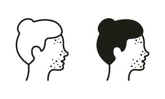 Woman with Blackhead, Acne, Rash Pictogram. Girl with Pimples on Face Line and Silhouette Icon Set. Dermatologic Problem, Allergy, Skin Inflammation Symbol Collection. Isolated Vector Illustration.