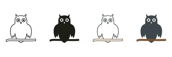 Spooky Owl Line and Silhouette Icon Set. Owl Symbol of Halloween and Wisdom Pictogram. Wise Night Bird Sitting on Tree Branch Black and Color Symbol Collection. Isolated Vector Illustration.