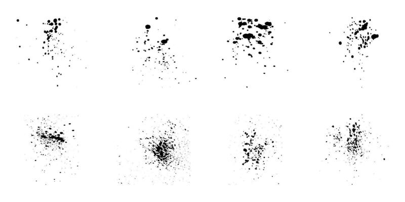 Paint Brush Splatter, Inkblot Set. Abstract Black Spatter Collection. Paintbrush Splotch, Stain Texture. Ink Splash Effect. Rough Splat. Dirty Grunge Design Element. Isolated Vector Illustration.
