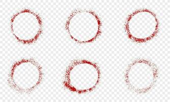 Red Ink Graffiti Round Border Collection. Circle Frame Set. Blank Grunge Stamp Stencil with Spray Texture. Paint Blood Splatter. Abstract Stain. Isolated Vector Illustration.