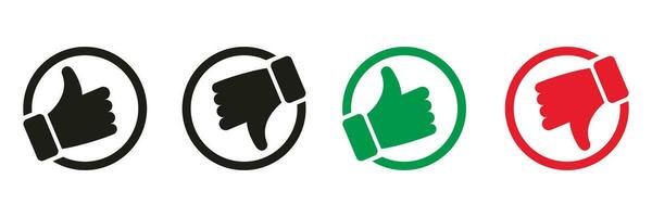 Like and Dislike Pictogram Collection. Thumb Up, Thumb Down Silhouette Icon Set. Good and Bad Gesture Button Black and Color Sign. Social Media Feedback Symbols. Isolated Vector Illustration.