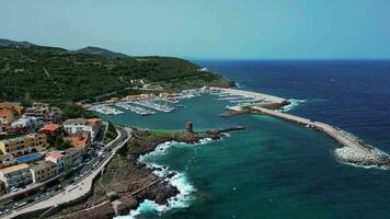 Aerial view of Torre di Frigiano in Castelsardo port in Sardinia video