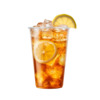 hielo té en el plastico taza con limón, lado ver aislado en transparente fondo, generativo ai png