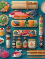 various sushi rolls, sashimi and soy sauce bottles illustration photo