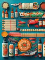 various sushi rolls, sashimi and soy sauce bottles illustration photo