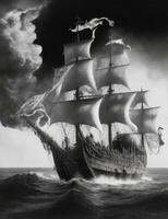 a large medieval ship sailing the ocean and in black and white illustration photo