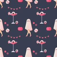 Seamless pattern pink ghost girl glamour, pumpkin, cocktail, Halloween party vector