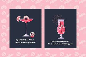 Pink Halloween poster, cocktail, girl, caption, lettering, funny caption vector