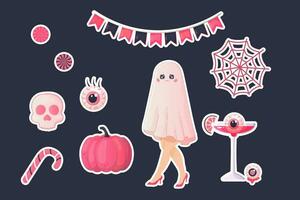 Set of pink Halloween stickers doll, pumpkin, candy, girl, cocktails vector