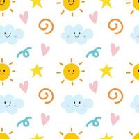 Sunny and cloud doodle cartoon seamless pattern background for wallpaper, wrapping vector