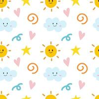 Sunny and cloud doodle cartoon seamless pattern background for wallpaper, wrapping vector