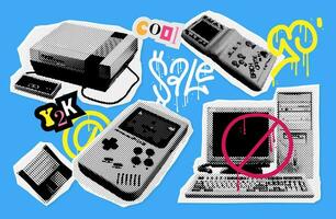 Set of retro video game console, pc, gamepad, floppy. 90s collection of different nostalgic old systems and handhelds in halftone texture, dotted style. Vector illustration of vintage grunge design.